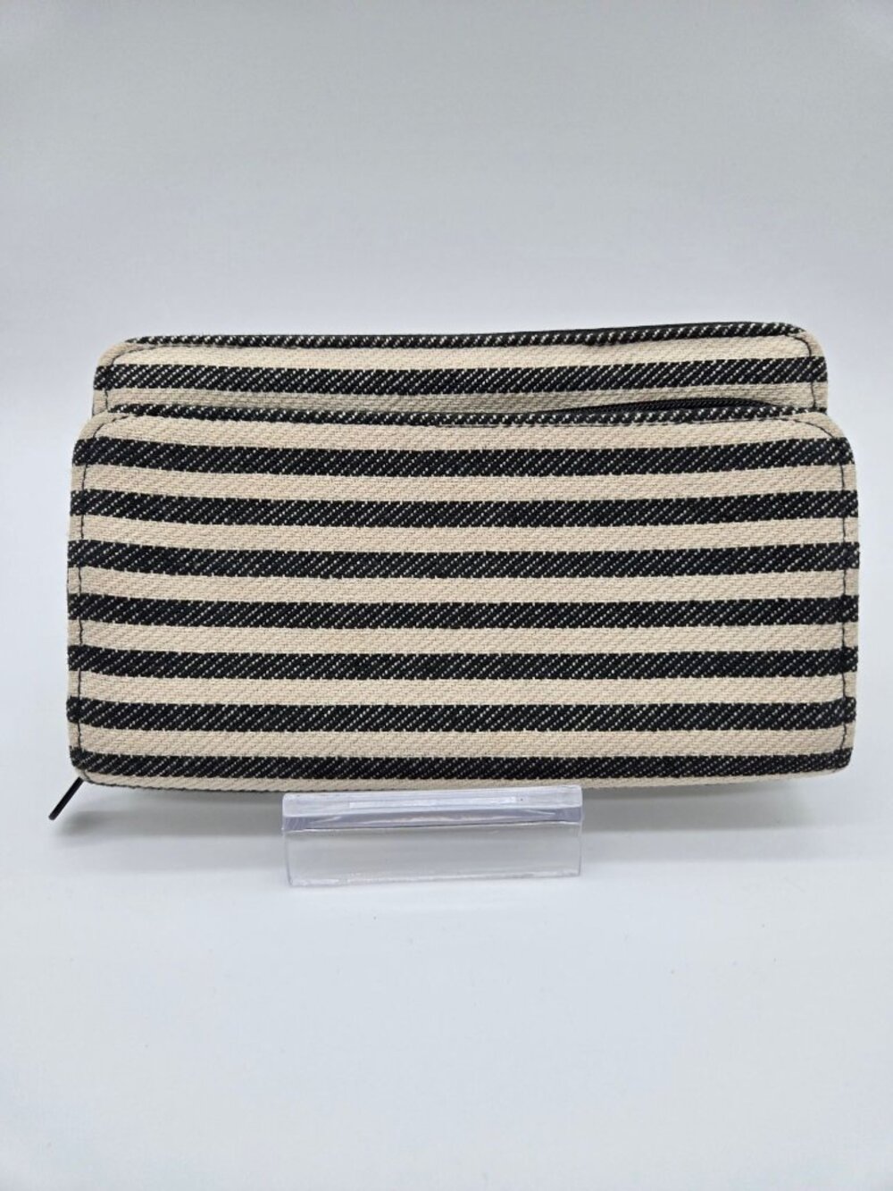 Thirty-One Gray Tan Stripe Double Zip Around Continental Wallet Organizer
